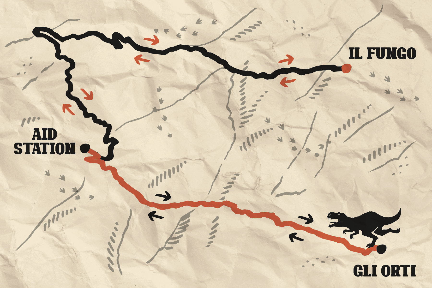 Mappa Jurassic Miles con Aid Station, Gli Orti e Il Fungo